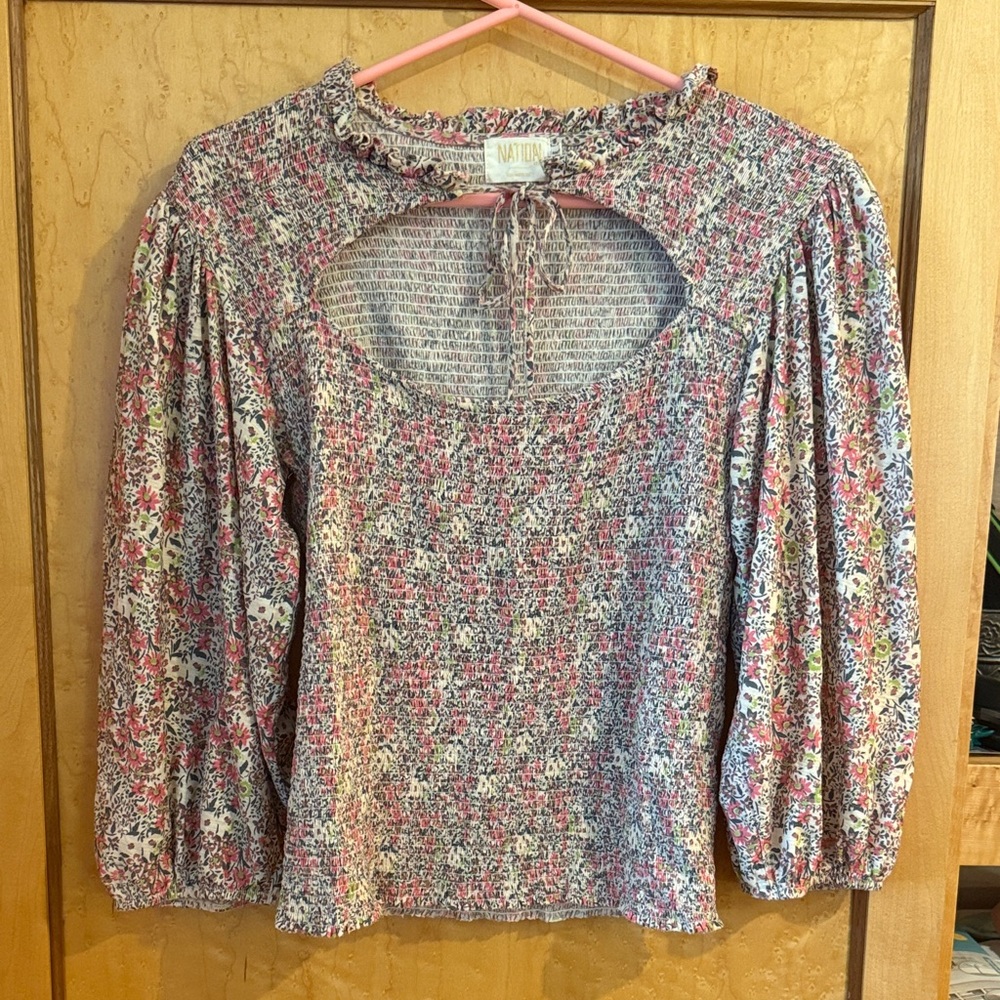 Nation LTD Pink and Silver Smocked Blouse with Bib Collar